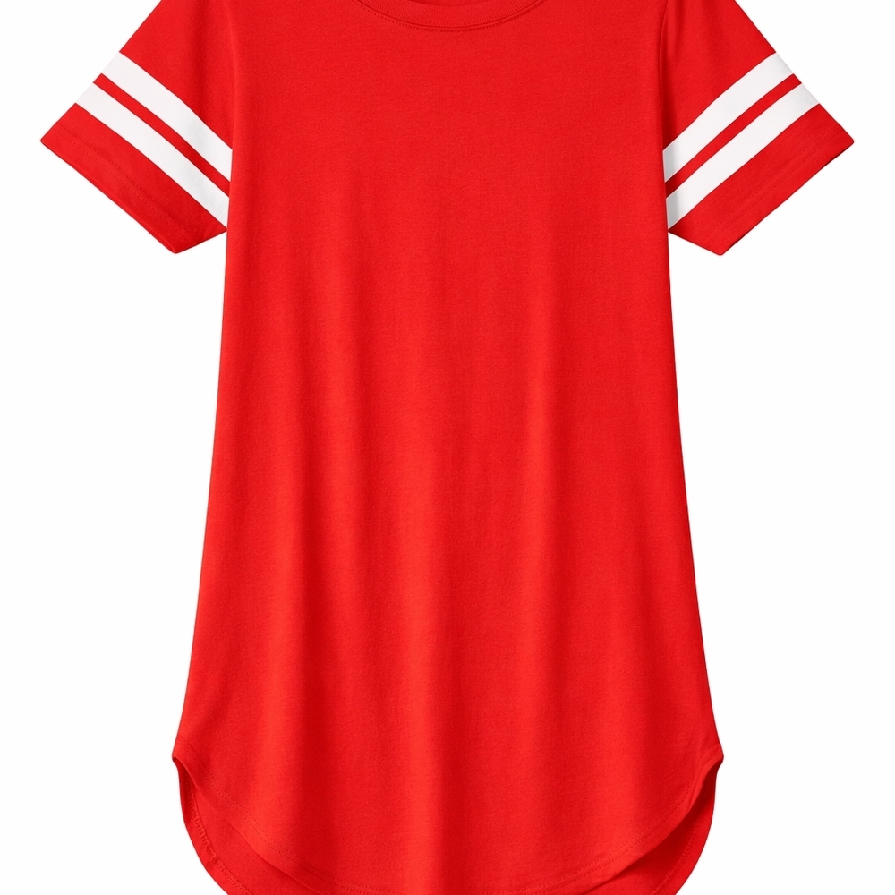 Women's Red Short Sleeve Tunic Tee with White Sleeve Stripes